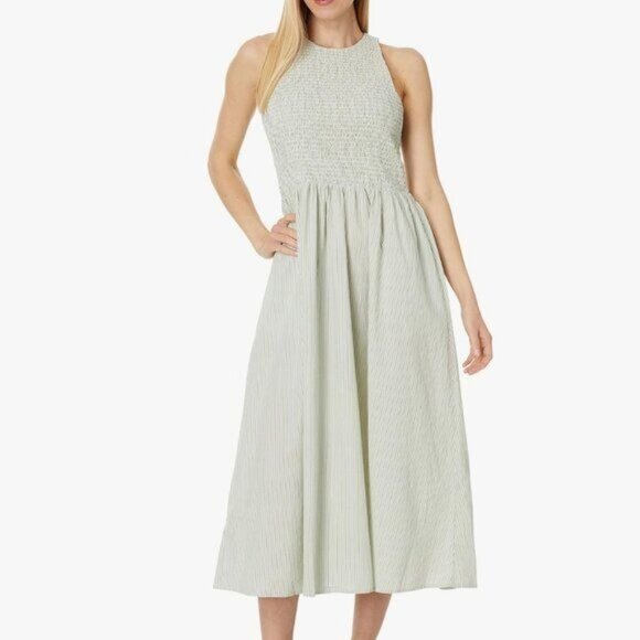Madewell Selena Midi Dress Pistachio Green Stripe NWT XS Pockets Smocked - Picture 1 of 9